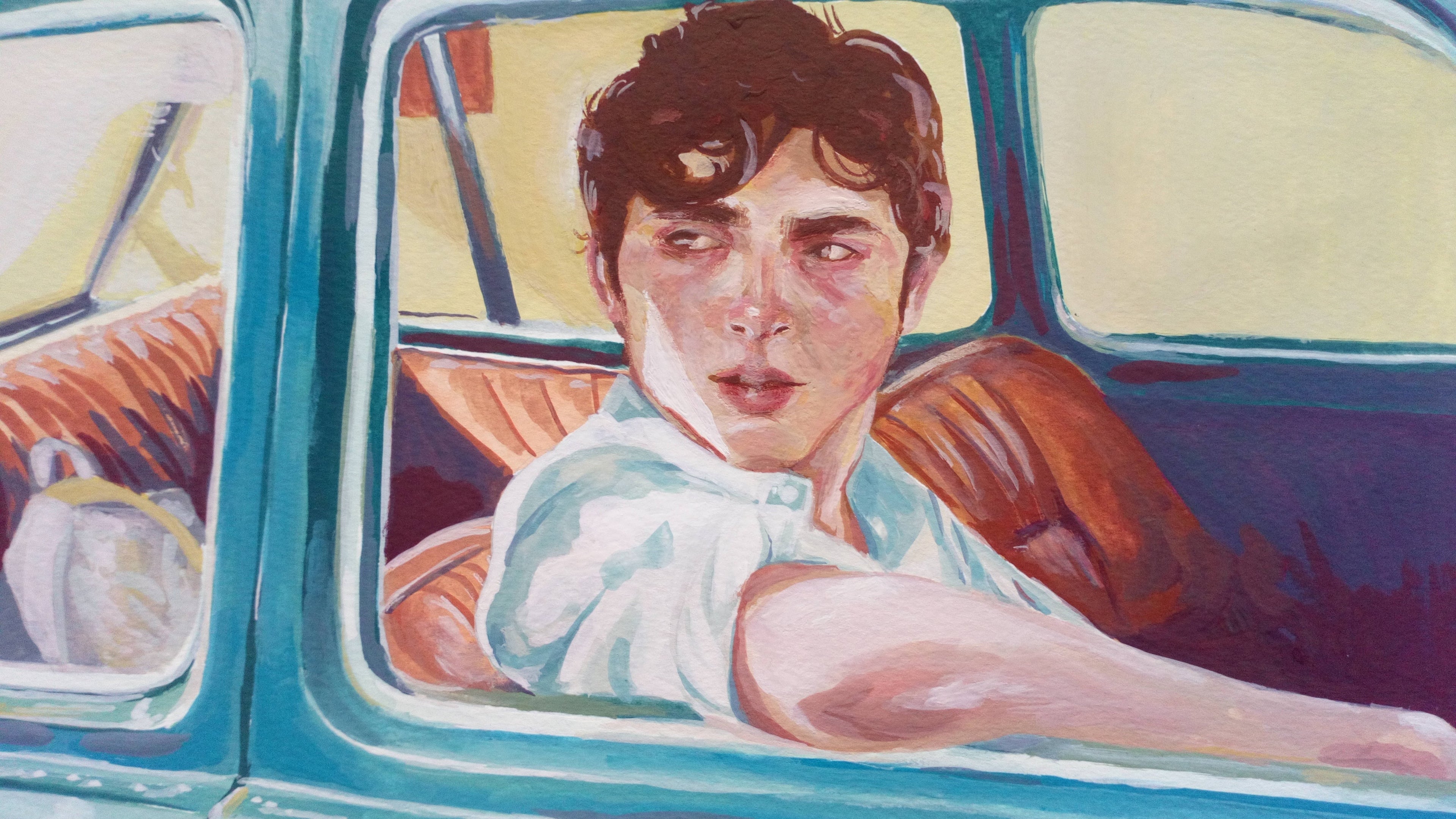 Painting of a person sitting inside a vintage car